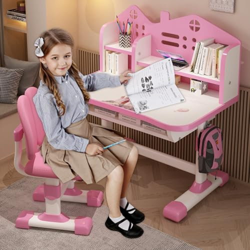Hislaves Höhenverstellbarer Kinderschreibtisch mit Stuhl Set, Kinder Schreibtisch mit Bücherregal & Schublade, Ergonomischer Schreibtisch für Jungen und Mädchen (A-Pink)