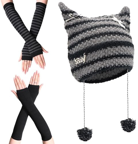 Scettar Y2k Katzenmütze 1 Paar Katzenohren Mützen，2 Paare Damen Lange Fingerlose Handschuhe ，Gestreift Stricken Armwärmer für Frauen