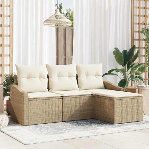 QJBSAVVA Outdoor Lounge Sofa 4-Sitzer Beige Creme Polyrattan Eckbank mit Stauraum Modular für Garten Balkon Terrasse Modernes Set Kissen 55x55 cm Robust und Wetterfest