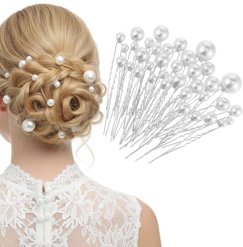 JIEYAO 36 Pcs Wedding Pearl Hair Pins, Pearl Hair Accessories, Bridal Bobby Pins U Shape Pearls Rhinestone Hair Barrette Bridal Hair Clips Decorative for Bride Bridesmaid Women Girls(Silver)