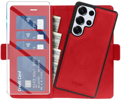 Giyer Starke Magnetisch Handyhülle für Samsung Galaxy S22 Ultra Hülle mit Schutzfolie, 2 in 1 Abnehmbare PU Leder Wallet Standfunktion Kartenfach Schutzhülle für Samsung S22 Ultra Case (Rot)