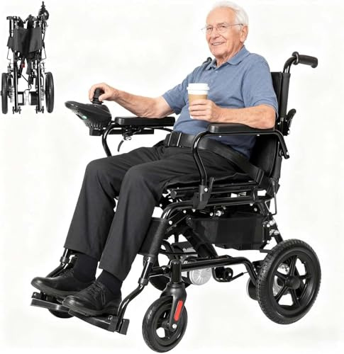 Silla de ruedas eléctrica plegable todoterreno, motor doble, 250 W, alcance de 20 km, capacidad de carga de 100 kg, compacta silla de ruedas eléctrica plegable para personas mayores y adultos