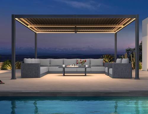 PURPLE LEAF Pergola Bioclimática 4 x 4,6 m de aluminio con cuchillas orientables y LED, pérgola jardín exterior, duradero y sin mantenimiento, cenador de jardín al aire libre para terraza y balcón