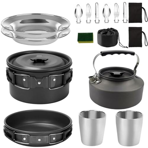 Homoyoyo Juego de Utensilios de Cocina para Acampar en Aleación de Aluminio Ligera, Portátil y Resistente para 2-3 Personas, Tetera y Vajilla Negra, Adecuado para Camping y Actividades