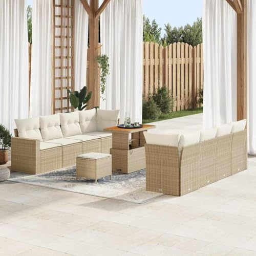 Ordellia trädgårdssockset 11 delar, beige poly-rotting och akaciaträ, UV-beständig, modulär loungesoffa för terrass och balkong, utomhusmöbler