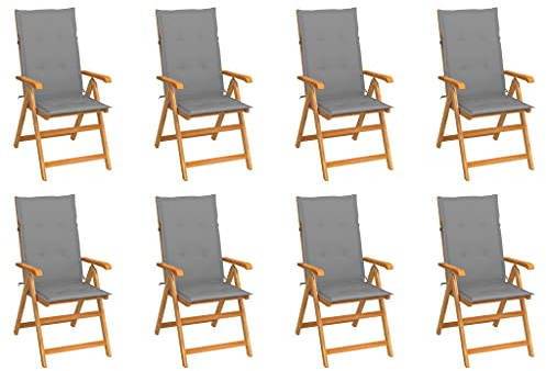 YuuSsea Justerbara trädgårdsstolar av massivt teak med grå klädsel, set om 8, hopfällbart för balkong, terrass, utomhus, bekvämt med armstöd och justerbart ryggstöd i flera lägen