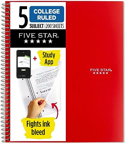 Five Star Spiral Notebook, 5 Subject, College Ruled Paper, 200 Sheets, 11 x 8-1/2, Color Selected For You (06208)