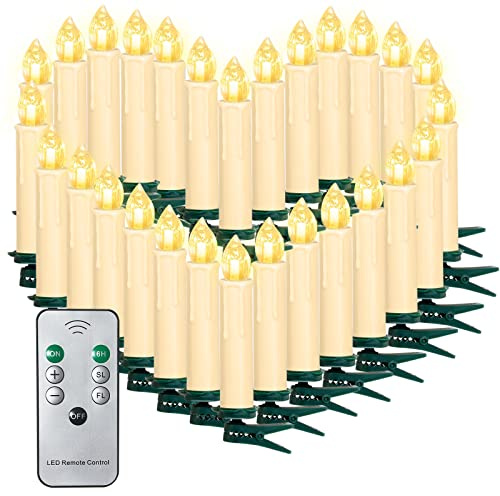 SunJas Bougies LED Guirlande Lumineuse de Noël Flamme Vacillante sans Flamme Bougies pour Fête Sapin Arbre de Noël Saint-Valentin avec Télécommande sans Fil Chandelles LED (30pcs, Beige)