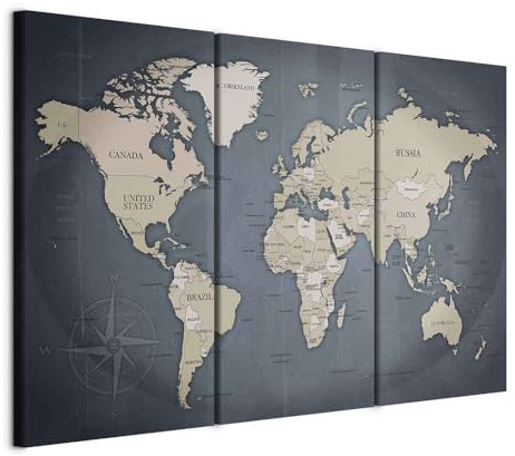 B&D XXL - Leinwandbild Weltkarte Kontinent, 135x90 cm, 3-teilig, Wohnzimmer | Hochwertige Leinwand, sofort aufhängbar, ideal fürs Wohn- oder Schlafzimmer, wasserfest und lichtecht, langlebig, stilvoll
