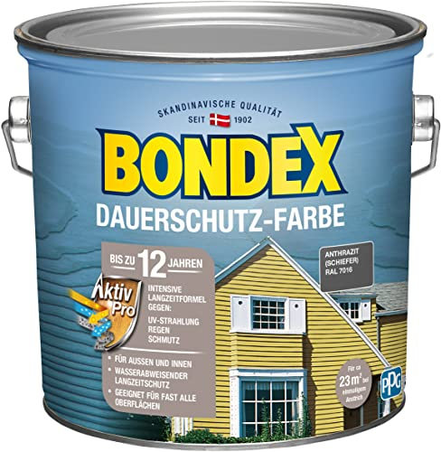 Bondex Dauerschutz Farbe Anthrazit (Schiefer) 2,5 L für 22,5 m² | Hervorragende Farbstabilität | Wetter- und UV-Schutz - bis zu 12 Jahre | Seidenglänzend | Dauerschutzfarbe | Holzfarbe