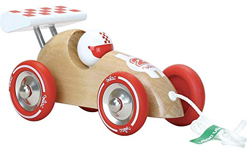 Voiture de Course à Traîner Vintage Rouge Bois Naturel Enfant Dès 2 Ans