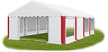 Das Company Partyzelt 5x8m Lagerzelt Universalzelt Pavillon mit Moskitonetz weiß-rot mit Bodenrahmen Zelt 240g/m² PE Plane wasserdicht Gartenpavillon Summer Floor IPEM