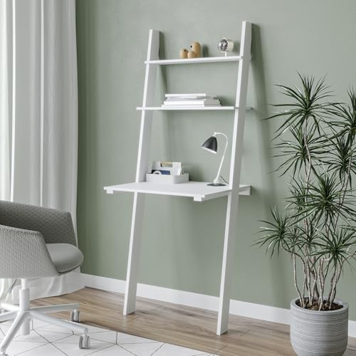 URBNLIVING Bureau échelle en bois blanc ou gris avec 2 étagères pour chambre à coucher ou ordinateur (blanc)