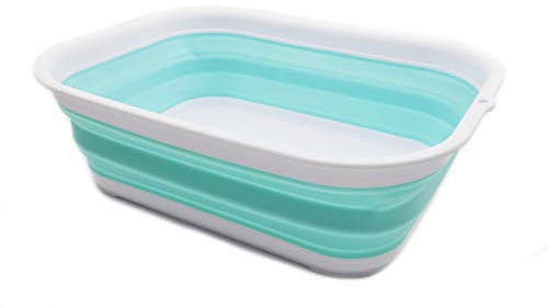 SAMMART 12L (3.17 Gallon) Collapsible Tub - Foldable Dish Tub - Portable Washing Basin - Space Saving Plastic Washtub (1, White/Lake Green)