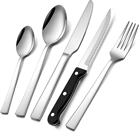 Homikit 30 Piece Cutlery Sets, Stainless Steel Hammered Flatware Set for 6 | Includes 6x Steak Knives, Square Edge & Hammered Design, Healthy & Non-rust, Mirror Finished & Dishwasher Safe, Multi-Use