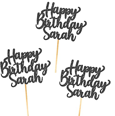 6X Personalised, Double Sided, Handmade Happy Birthday Glitter Cupcake Toppers by Cakeshop | Custom Colour Any Name 480gsm Glitter Cupcake Decorations | Black