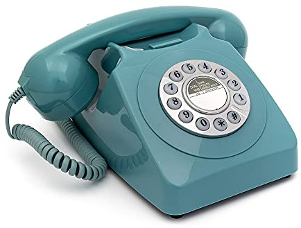 GPO 746 Telefono a Quadrante Push Button, Telefono Fisso Vintage per Casa, Ufficio, Telefoni Retro Con Suoneria a Campanello Originale e Cavo Arricciato, Azzurro