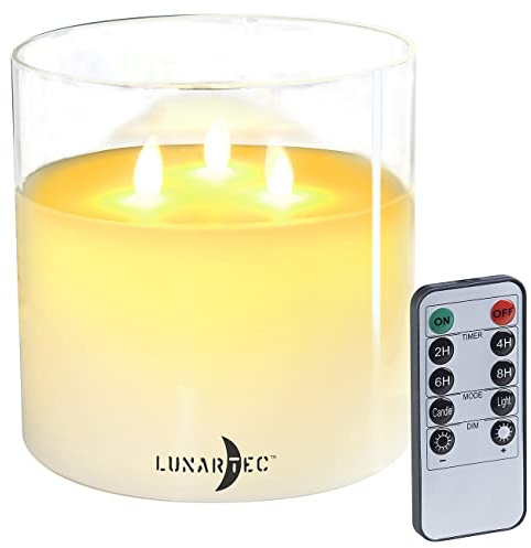 Lunartec LED Kerzen wie Echt: LED-Echtwachs-Kerze im Windglas, 3 bewegliche Flammen, Fernbedienung (3 Docht Kerze mit Timer, 3-Dochtkerzen, Party)