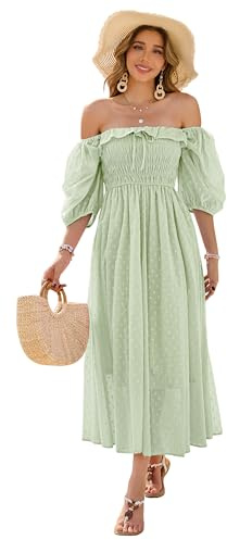 R.Vivimos Women's Polka Dot Slim Fit Half Puff Sleeve Dress Square Neck Cottagecore Long Midi Dress(Small,SageGreen)