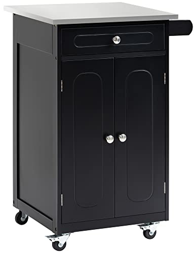 HOMCOM Chariot de Service Desserte de Cuisine à roulettes 1 Tiroir Noir | Multi-Rangements, Placard, 2 Portes, Étagère Porte-Torchons, MDF, Acier Inoxydable