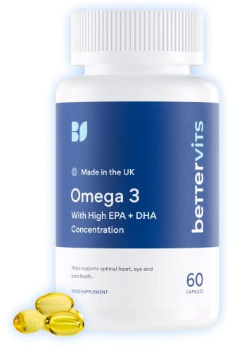 Bettervits Omega 3 Capsules High Strength - 33% EPA & 22% DHA | Omega 3 Fish Oil Nutritional Supplements - Supports Overall Well-Being: Heart, Eye, Skin & Bone Health | 60 Easy-to-Swallow Capsules