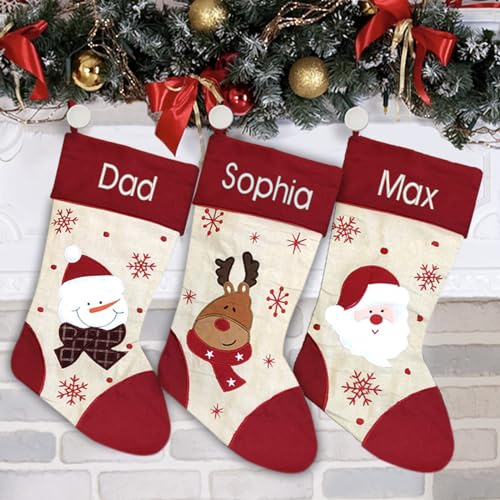 Personalized Christmas Stocking - Red Santa Design - Embroidered Name - Large 18.5inch, Red and Beige Color, Family Holiday Season Decor
