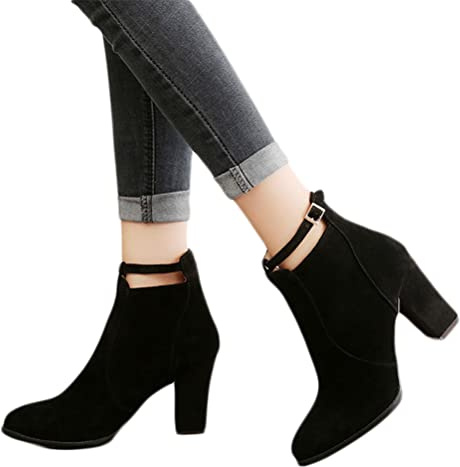 ticticlily Damen Stiefeletten Blockabsatz Spitze Wildleder Stiefel Herbst Frauen Leichte Boots Schuhe Reißverschluss Winterstiefel Ankle Boots B Schwarz 40 EU