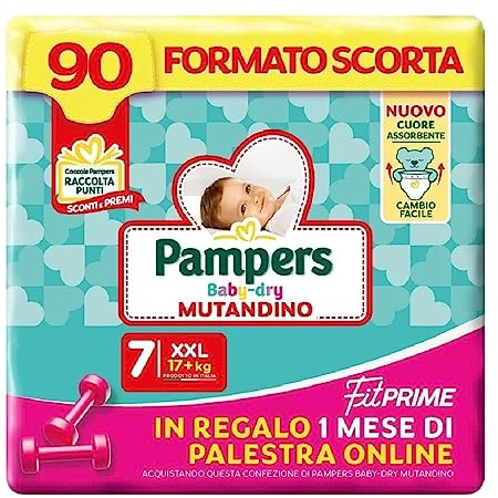 Pampers Baby Dry Höschen & Fit Prime XXL, Vorratsformat, 90 Windeln, Größe 7 (17+ kg), 1 Monat Online-Fitnessstudio als Geschenk