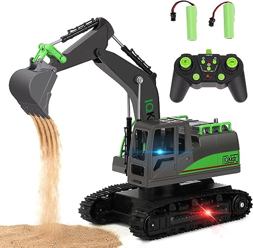 IQKidz Remote Control Excavator Toys for Boys 4-7 Yrs Old - Best Birthday Gift for Kids Age 3 5 8 9 10+, Metal Shovel Construction Vehicles with Light Sound, Rechargeable RC Tracked Digger