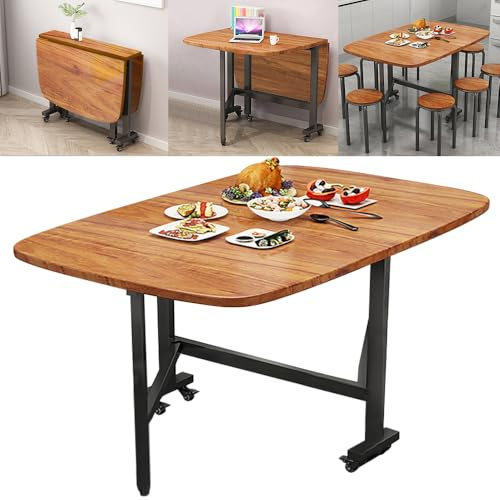 Rukulin Multifunction Table Drop Leaf Dining Table - 47 Wooden Foldable Kitchen Table with 6 Wheels (Brown)