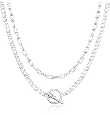 CHESKY Layered Silver Necklaces for Women, Chunky Silver Plated Chain Necklaces for Women Trendy Paperclip Toggle Necklace Jewelry Accessories Gift for Her