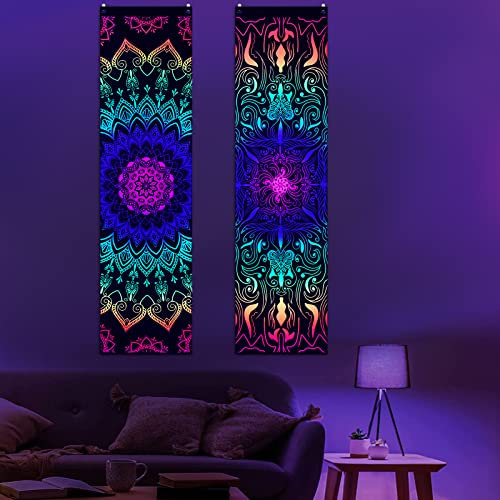 Alishomtll 2 Pack Mandala Wandteppich Wandbehang UV Reaktive Böhmische Vertikale Wandtuch Indischen Pfau Trippy Hippie Wandteppich für Schlafzimmer Wohnzimmer 120x32.5cm