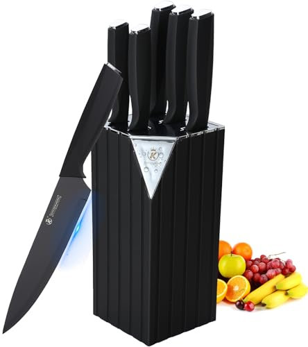 KüChenmesser Set 6 Teilig Messerset mit Messerblock Knife Set Scharf Messer SparschäLer GemüSeschäLer Edelstahl Kitchen Knife KüChen Messer Antihaft-Beschichtung und Ergonomischem Griff (schwarz)