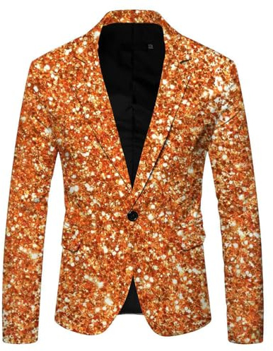 shownicer Blazer Uomo Giacca con Stampa Paillettes Elegante Slim Fit Giacca Moda Stampa Blazer Costume per Festa Cosplay Discoteca Party Club A Arancione XL