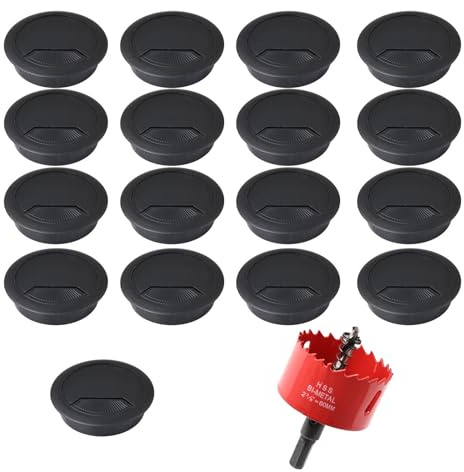 14 Stück 60mm Ø Kabeldurchführung mit 60mm Lochsäge, Kabeldurchlass für Schreibtische, Büro & Arbeitsplatten(Kunststoff schwarz)