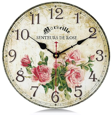 Lafocuse 30cm Orologio da Parete Rosa Silenzioso Vintage, Rustico Floreale Orologio Legno Shabby Chic, Retro Deco Senza Ticchettio per Soggiorno Camera da Letto Cucina Ufficio