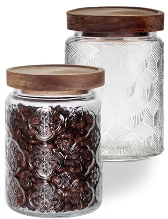 HZIYOU Luftdichte Vorratsdose im Vintage-Stil, Glasbehälter mit Bambus-Holzdeckel für Süßigkeiten, Kaffee, Teebohnen, Hafer, Mehl, Getreide (2 Stück)
