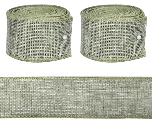 2 Rollen x 5 m Juteband Natur, Sackleinen Band Vintage 4cm Breite Decoband, Für DIY Handwerk Verpackung, Geschenk, Hochzeit, Weihnachten, Blumenstrauß Dekoration (Grün)