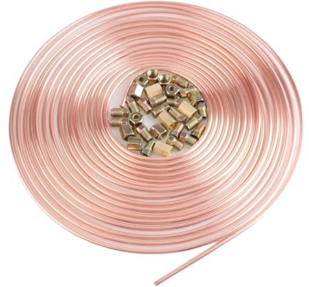 Brake Pipe Copper Coated Tubing 32.8Ft. of 3/16 Automotive Replacement Brake Lines Kit with 20 Nuts Fittings and 12 PCS Brake Pipe Fittings Assortment(32.8Ft. of 3/16)