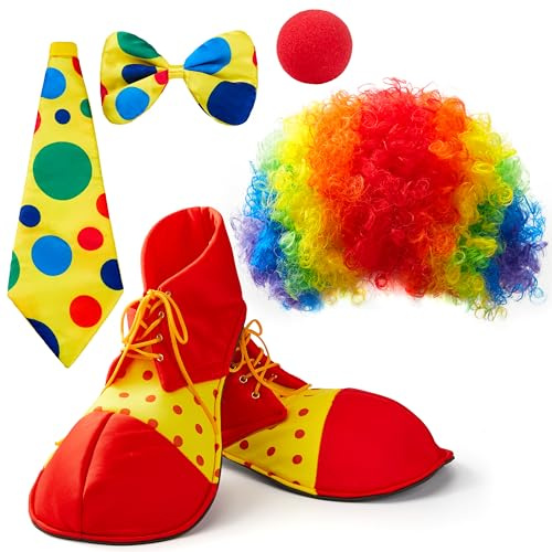 Spooktacular Creations - Set di 6 costumi da clown, parrucca arcobaleno per Halloween, papillon e scarpe, accessori per feste da clown, costume da circo per bambini, donne, uomini, carnevale, feste di
