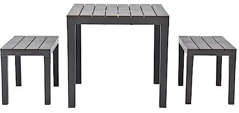 KTHLBRH Gartentisch mit 2 Bänken Kunststoff Braun Terrassenmöbel-Sets Outdoor-Möbel-Sets Gartenmöbel-Sets für Gärten, Terrassen und Balkone