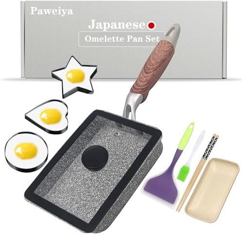 Paweiya Japanese Omelette Pan, Nonstick, 5x7 Inch, Gray, Includes Lid and Accessories