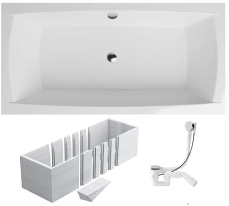 VBChome Badewanne 140x70 cm Weiß Acryl Rechteckig Wannenträger Styroporträger Siphon Wanne Zentralen Abfluss Design Modern Ablaufgarnitur in Chrom Badewanne mit Wannenträger