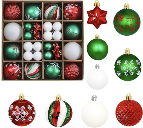 Juego de 44 bolas de Navidad inastillables para colgar en el árbol de Navidad, decoración festiva, rojo, verde y blanco