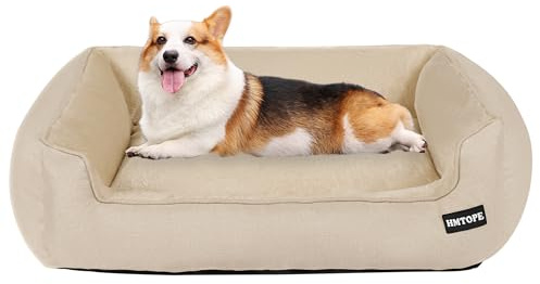 HMTOPE Hundsäng, hundsoffa, hundkudde, hundkorg, avtagbar och tvättbar, beige, 90 x 75 x 25 cm