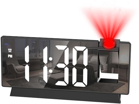 Criacr Projection Alarm Clock, Projector Clock with Large Mirror Screen, Digital Clock with 180° Projector, 4 Levels Brightness, Alarm Clock Projector with Temperature, Time, Date, Snooze for Home