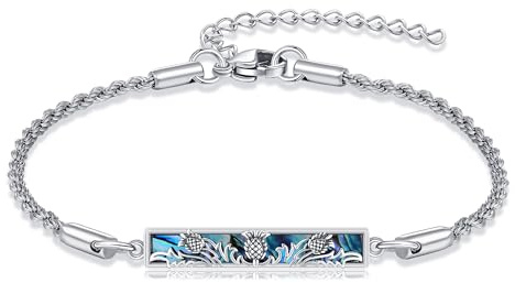 ONEFINITY Scottish Gifts 925 Sterling Silver Scottish Thistle Abalone Bar Bracelet Scottish Thistle Jewellery Gifts for Women