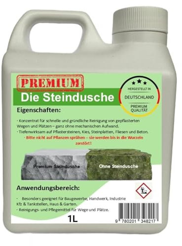 UKAUF Steindusche – 1L Steinreiniger & Grünbelagentferner für bis zu 2000 m², Effektiv für Saubere Wege, Pflastersteine, Kiesel und Steinplatten, Biologisch Abbaubar