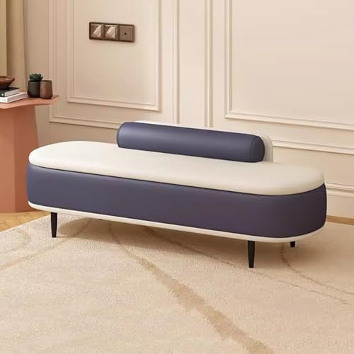 Moderne Ottomane, Aufbewahrungsbank mit Lendenkissen, Eingangsbereich, Aufbewahrungsbox und Fußstütze, Hocker für Wohnzimmer, Kunstleder, Bettbank, Dunkelblau + Beige, 60 cm