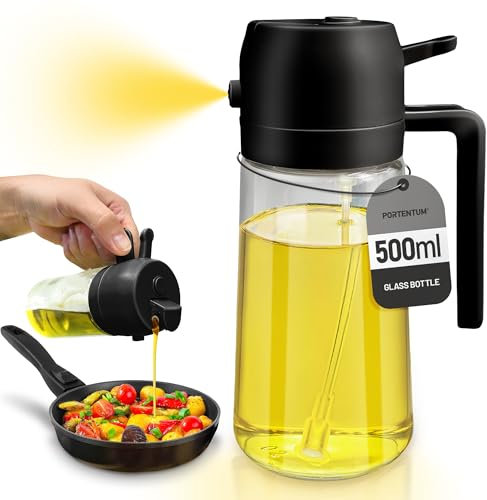 PORTENTUM Pulverizador aceite spray 2 en 1 aceitera y pulverizadora, Botella de vidrio de 500 ml / 17 oz para Freidora de Aire, Barbacoa (Negro)